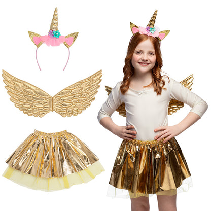 Déguisement Licorne Enfant Ailes Dorées Headband Rose