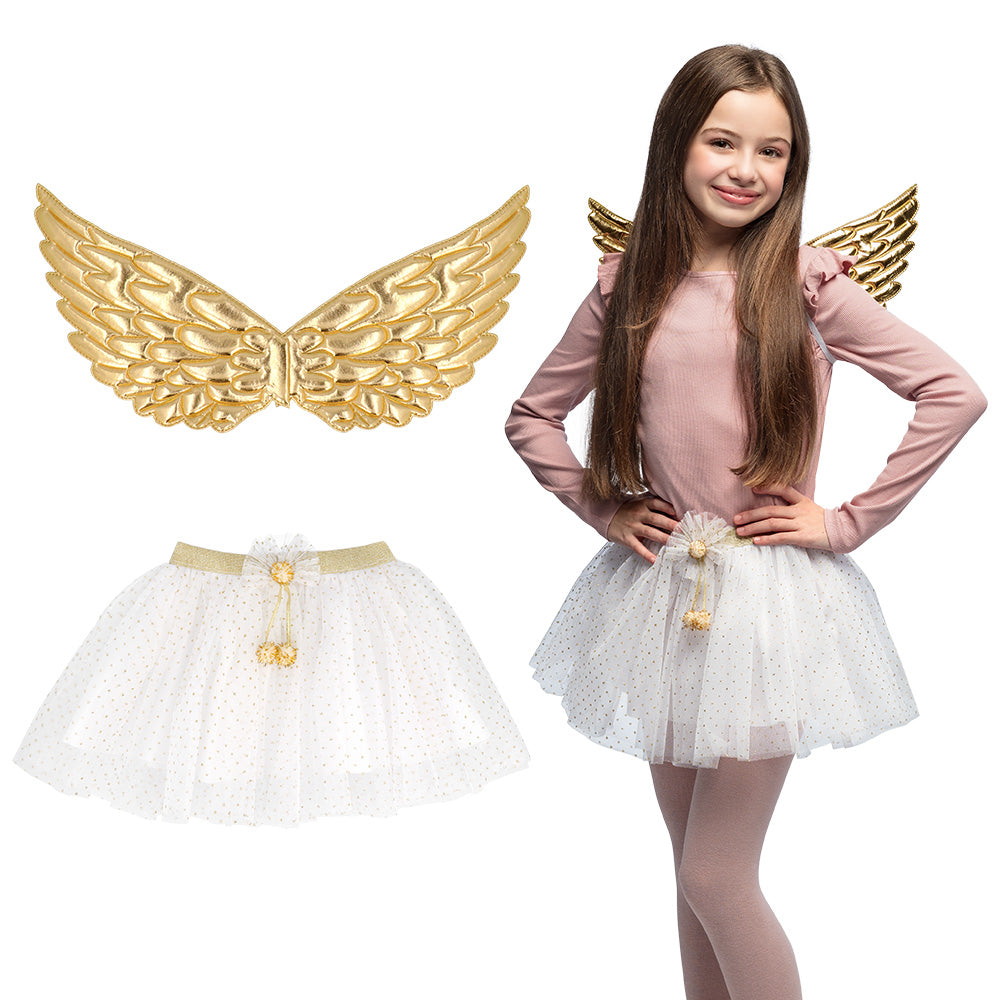 Ailes d'Ange Dorées + Tutu Blanc Paillettes - Set 2 pcs