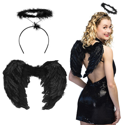 Set Ailes d'Ange Noir avec Auréole et Cornes Diable