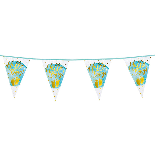 Guirlande Fanions Hello Boy Bleu Doré - Décoration Baby Shower