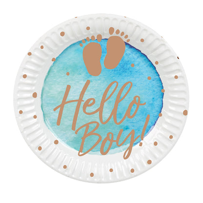 Assiettes Hello Boy Bleu et Or - Décoration Baby Shower