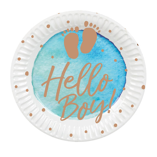 Assiettes Hello Boy Bleu et Or - Décoration Baby Shower