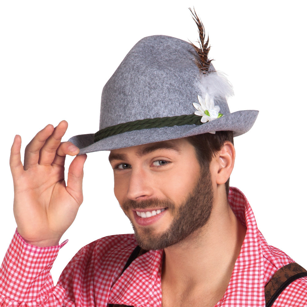 Chapeau Bavarois Gris Feutre avec Fleur et Plume 59 cm