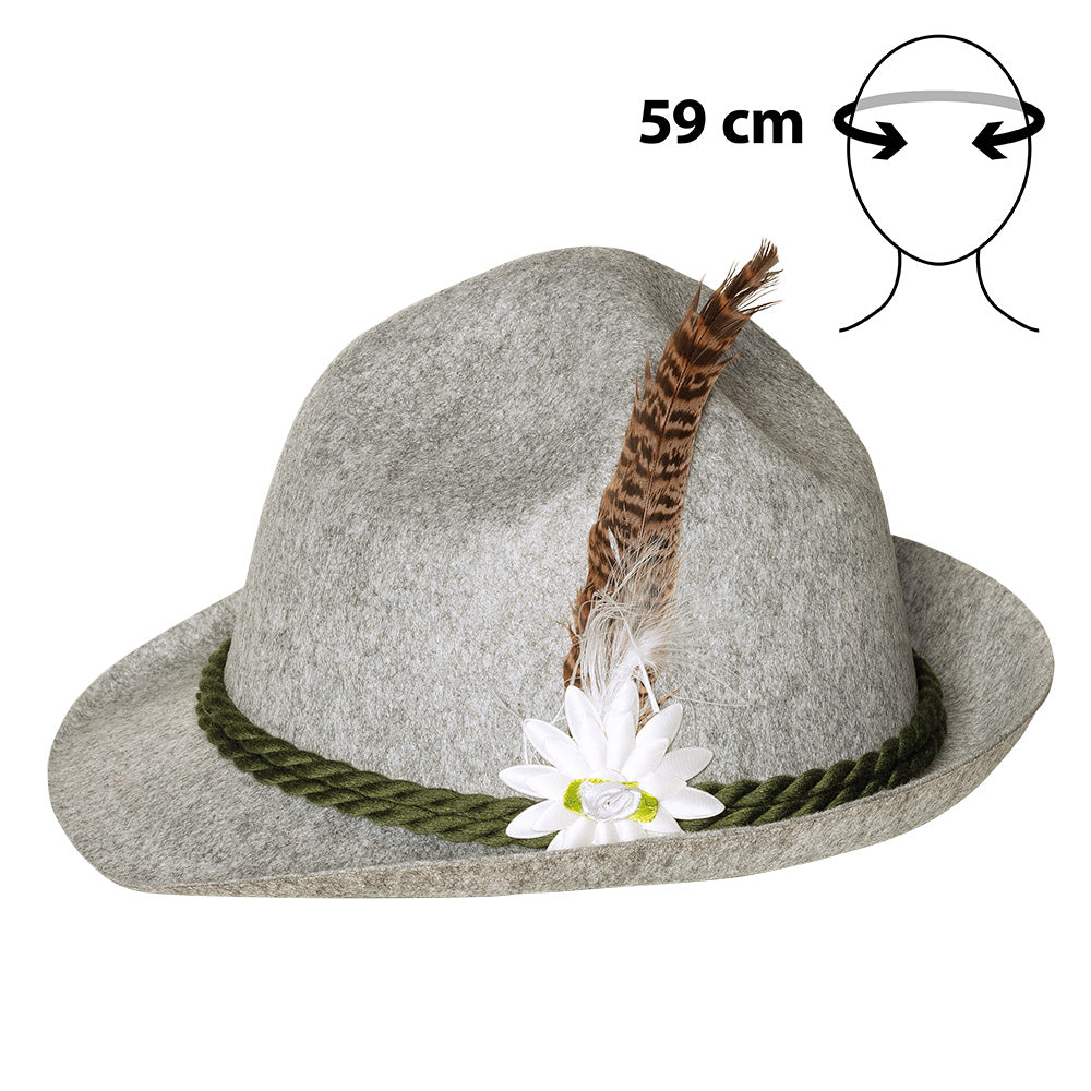 Chapeau Bavarois Gris Feutre avec Fleur et Plume 59 cm