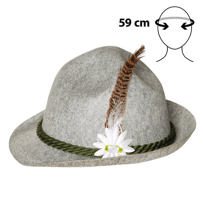 Chapeau Bavarois Gris Feutre avec Fleur et Plume 59 cm