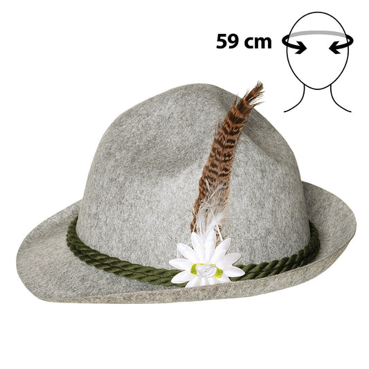 Chapeau Bavarois Gris Feutre avec Fleur et Plume 59 cm