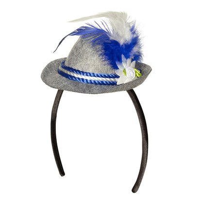 Chapeau Tyrolien Gris avec Plumes Bleues et Fleurs