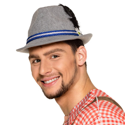 Chapeau Tyrolien Gris avec Ruban Bleu et Plume Noire