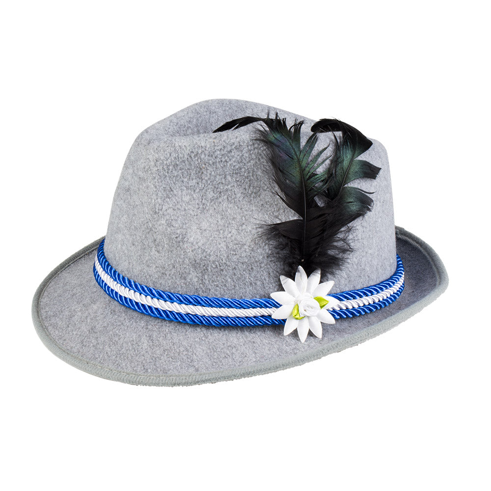 Chapeau Tyrolien Gris avec Ruban Bleu et Plume Noire