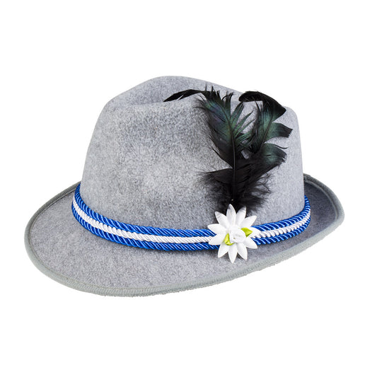 Chapeau Tyrolien Gris avec Ruban Bleu et Plume Noire