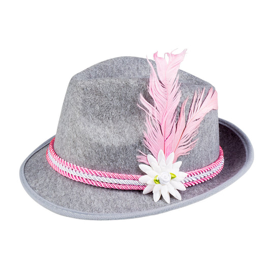 Chapeau Tyrolien Gris Luxe avec Plume Rose et Fleur