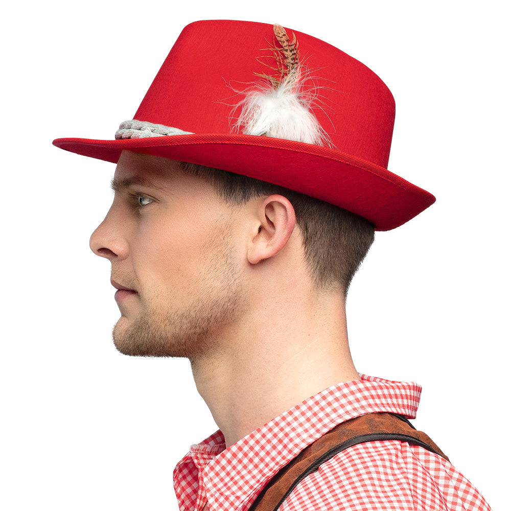Chapeau Cowboy Rouge avec Plume - Déguisement Western Adulte