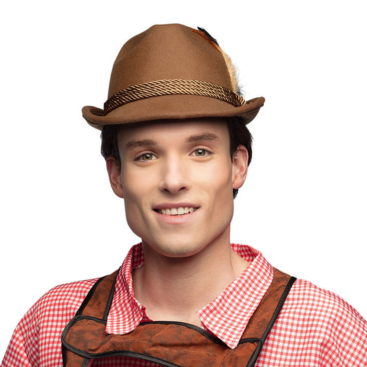 Chapeau Tyrolien Marron avec Plume - Costume Bavarois Authentique
