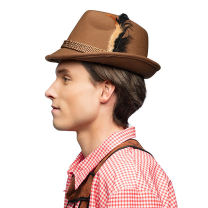 Chapeau Tyrolien Marron avec Plume - Costume Bavarois Authentique