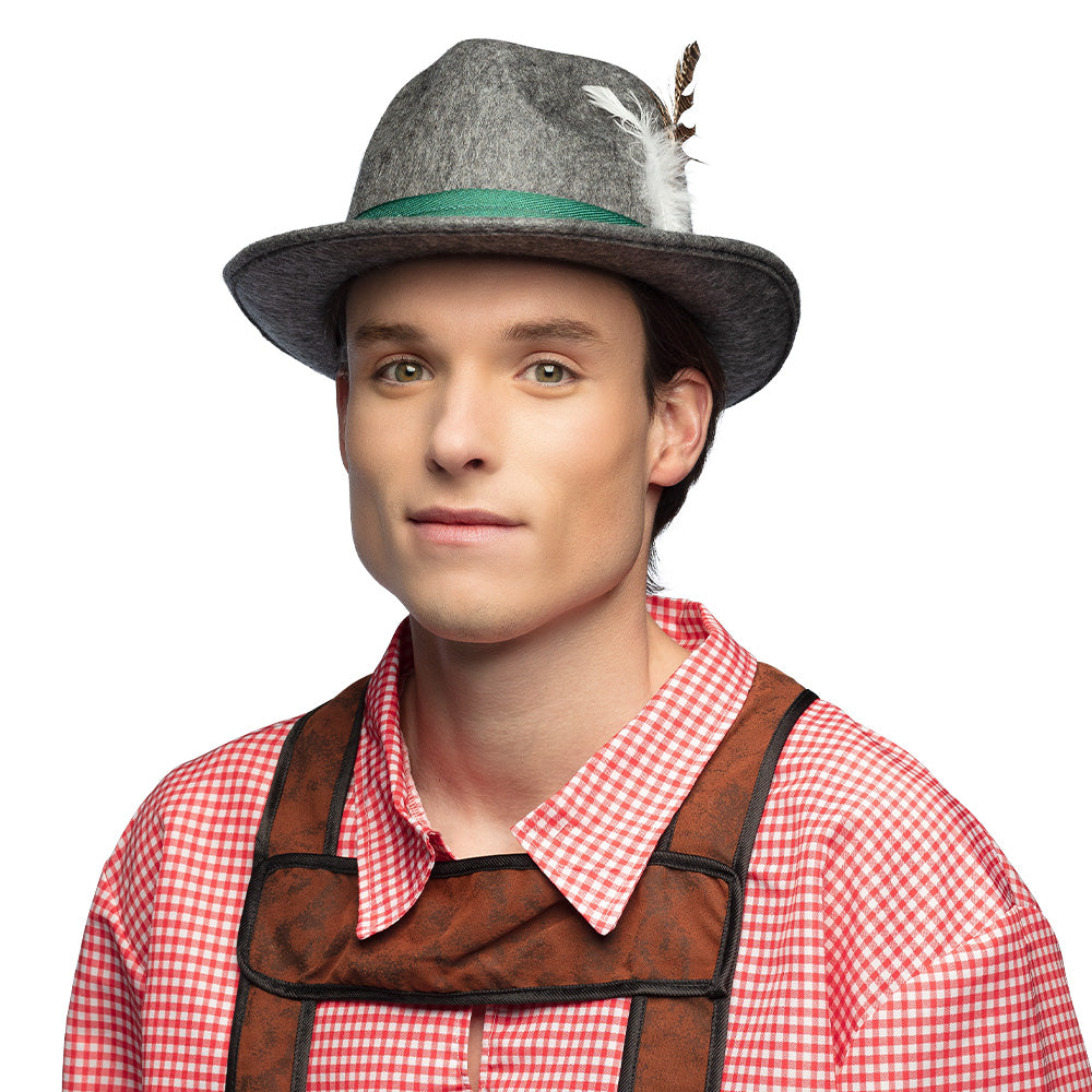 Chapeau Tyrolien Gris Authentique avec Plumes et Ruban Vert