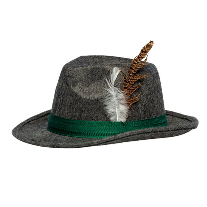 Chapeau Tyrolien Gris Authentique avec Plumes et Ruban Vert