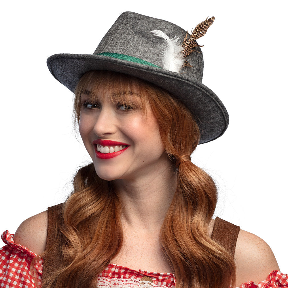 Chapeau Tyrolien Gris Authentique avec Plumes et Ruban Vert
