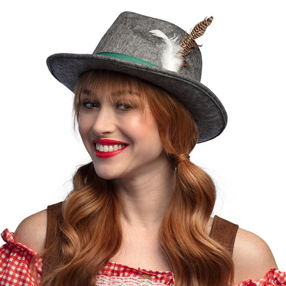 Chapeau Tyrolien Gris Authentique avec Plumes et Ruban Vert