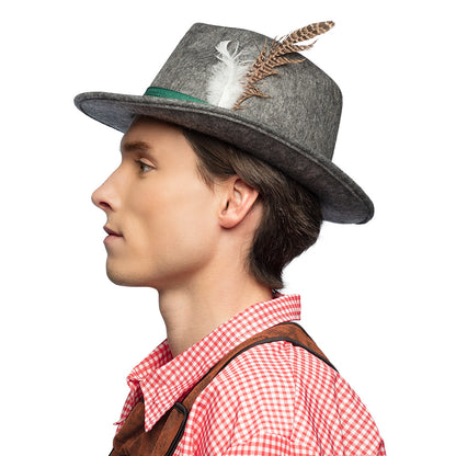 Chapeau Tyrolien Gris Authentique avec Plumes et Ruban Vert