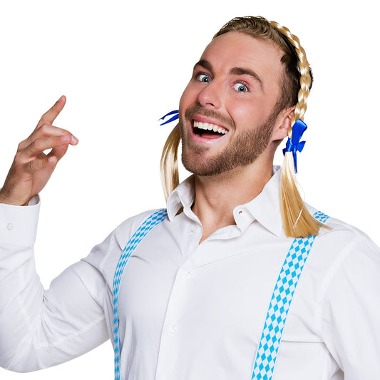 Tresses blondes avec nœuds bleus - Accessoire de déguisement bavarois