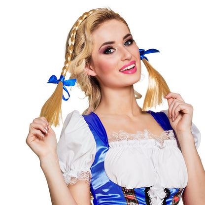 Tresses blondes avec nœuds bleus - Accessoire de déguisement bavarois