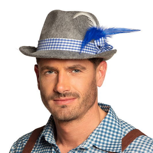 Chapeau Tyrolien Gris Deluxe - Bande Carreautée Bleue et Plumes
