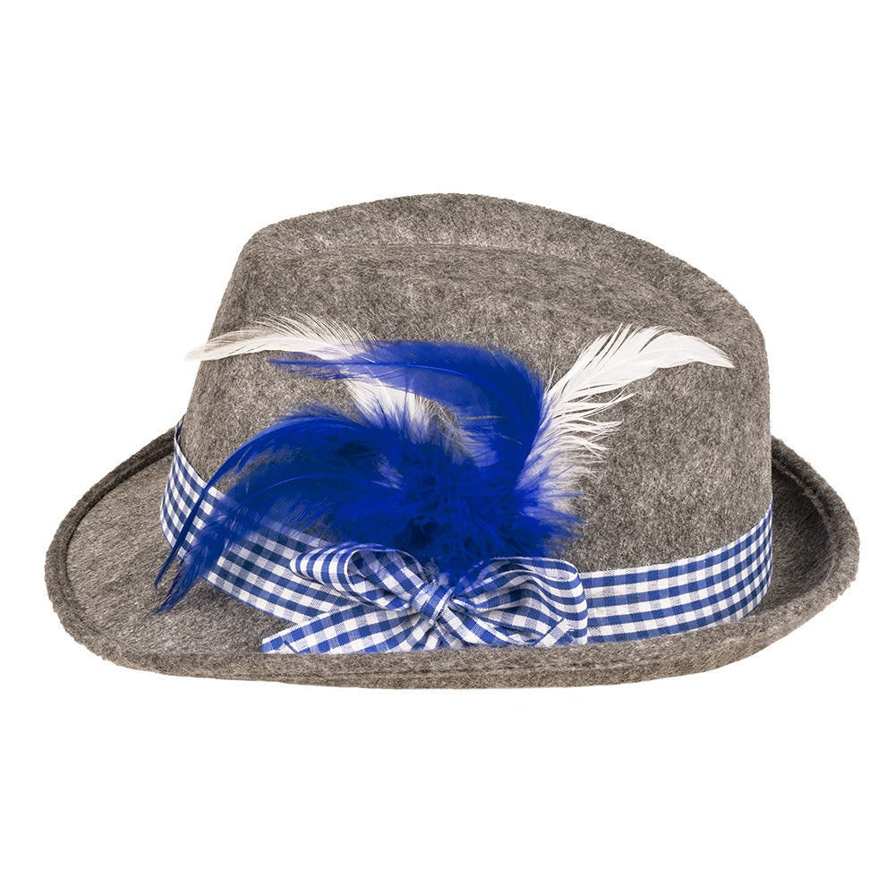 Chapeau Tyrolien Gris Deluxe - Bande Carreautée Bleue et Plumes