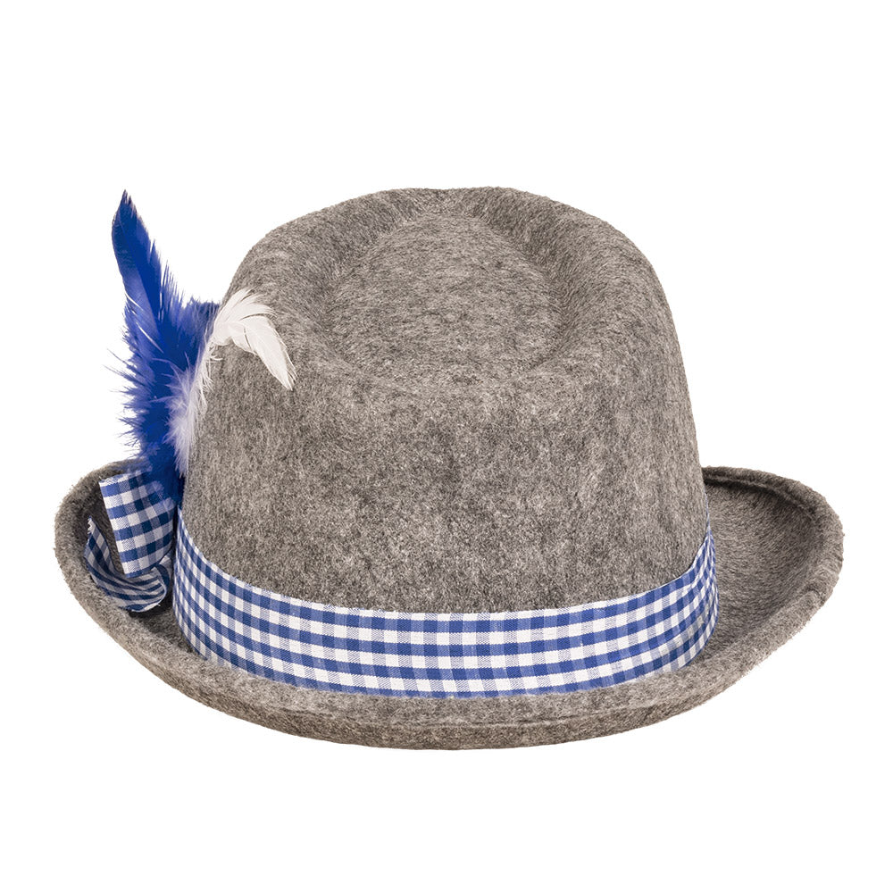 Chapeau Tyrolien Gris Deluxe - Bande Carreautée Bleue et Plumes