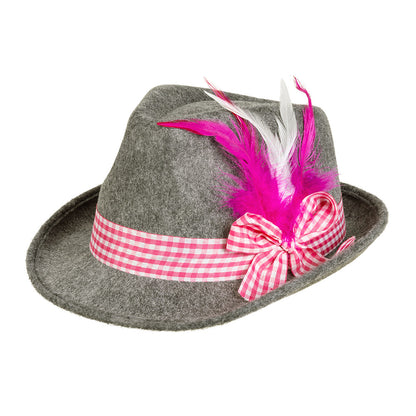Chapeau Traditionnel Tyrolien Gris avec Ruban Rose et Plumes