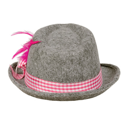 Chapeau Traditionnel Tyrolien Gris avec Ruban Rose et Plumes