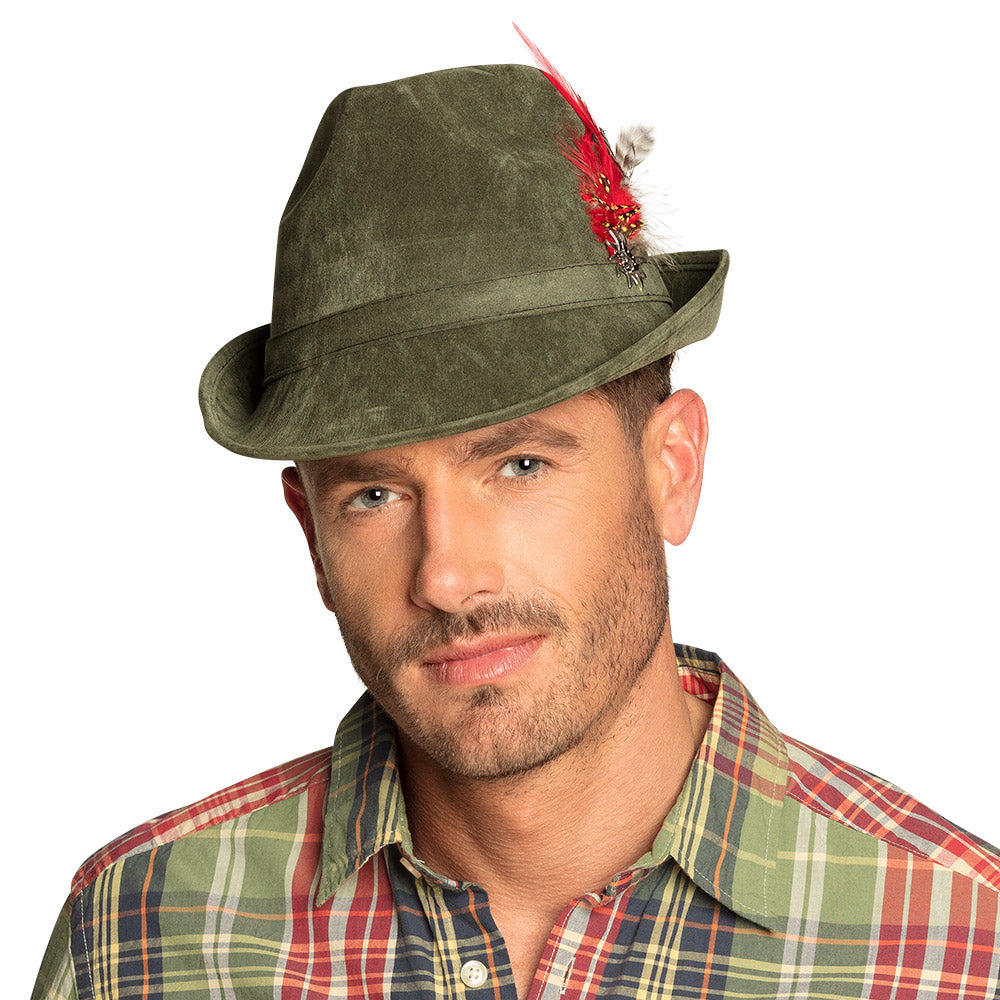 Chapeau Tyrolien Vert avec Plumes Rouges - 57cm