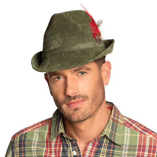 Chapeau Tyrolien Vert avec Plumes Rouges - 57cm