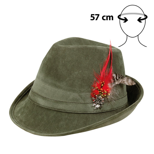 Chapeau Tyrolien Vert avec Plumes Rouges - 57cm