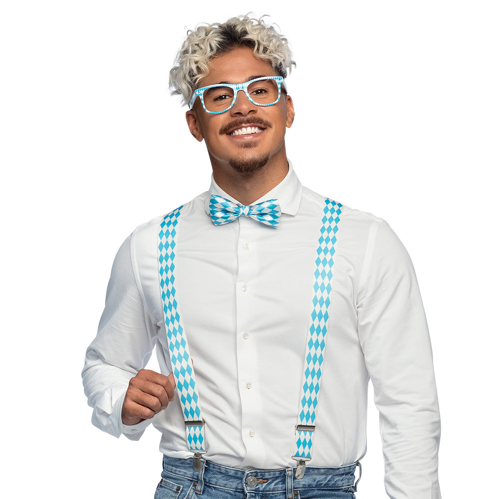 Kit Costume Bavarois Bleu Blanc - Lunettes, Nœud Pap', Bretelles