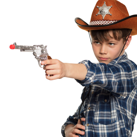 Pistolet Cowboy Argenté avec Balle Rouge - Accessoire Western Enfant