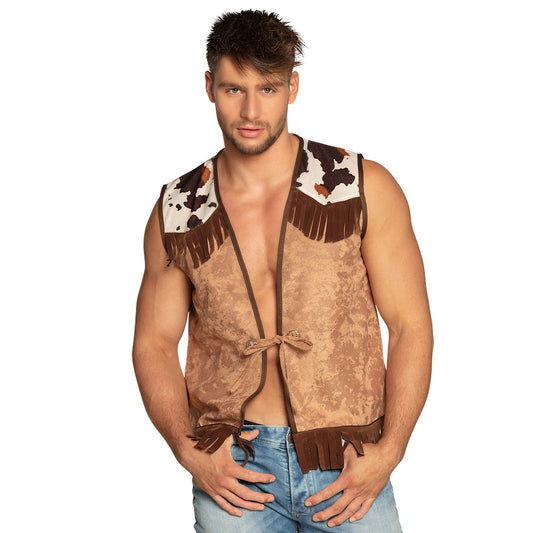 Gilet Cow-boy Marron Franges Cuir Homme Déguisement Western