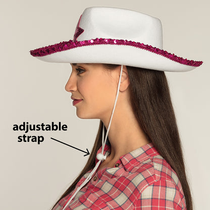 Chapeau Cowboy Blanc Paillettes Rose - Étoile Brillante