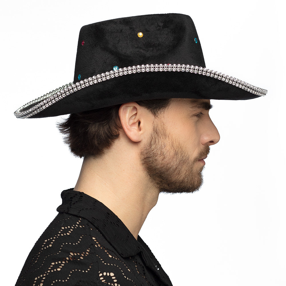 Chapeau Cowboy Noir Sequins et Strass - Déguisement Country