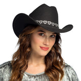 Chapeau Cowboy Noir avec Ceinture Cœurs Argentés