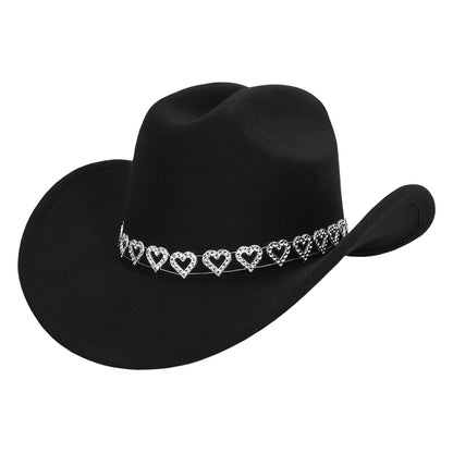 Chapeau Cowboy Noir avec Ceinture Cœurs Argentés