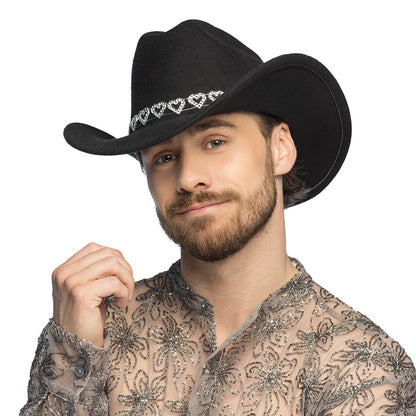 Chapeau Cowboy Noir avec Ceinture Cœurs Argentés