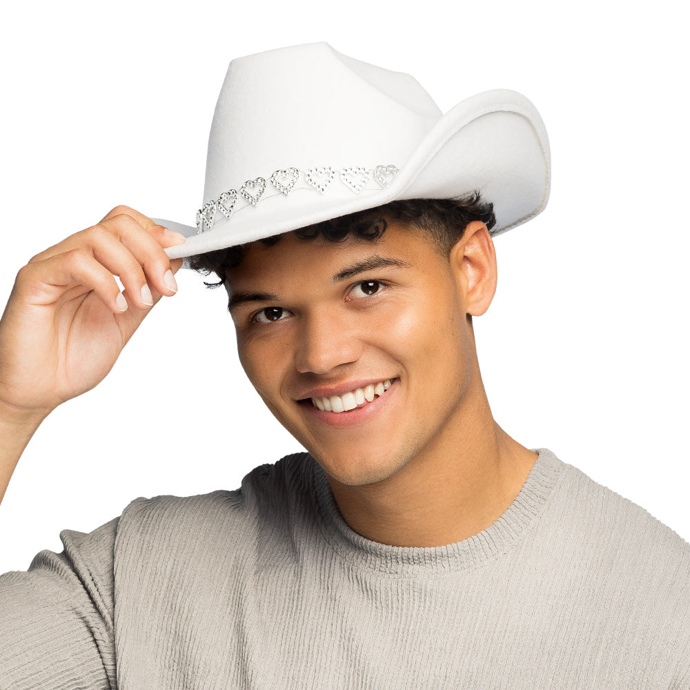 Chapeau Cowboy Blanc avec Cœurs Strass - Déguisement Western