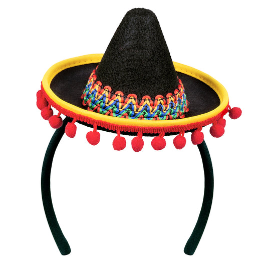 Chapeau Sombrero Mexicain Mini Noir et Jaune avec Pom-Poms
