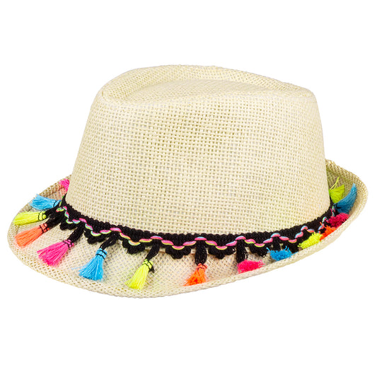 Chapeau Panama Tressé Coloré avec Pompons - Style Fiesta