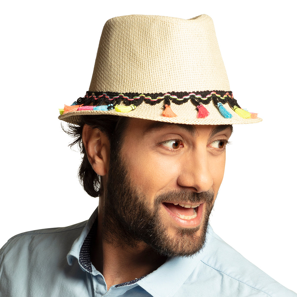 Chapeau Panama Tressé Coloré avec Pompons - Style Fiesta