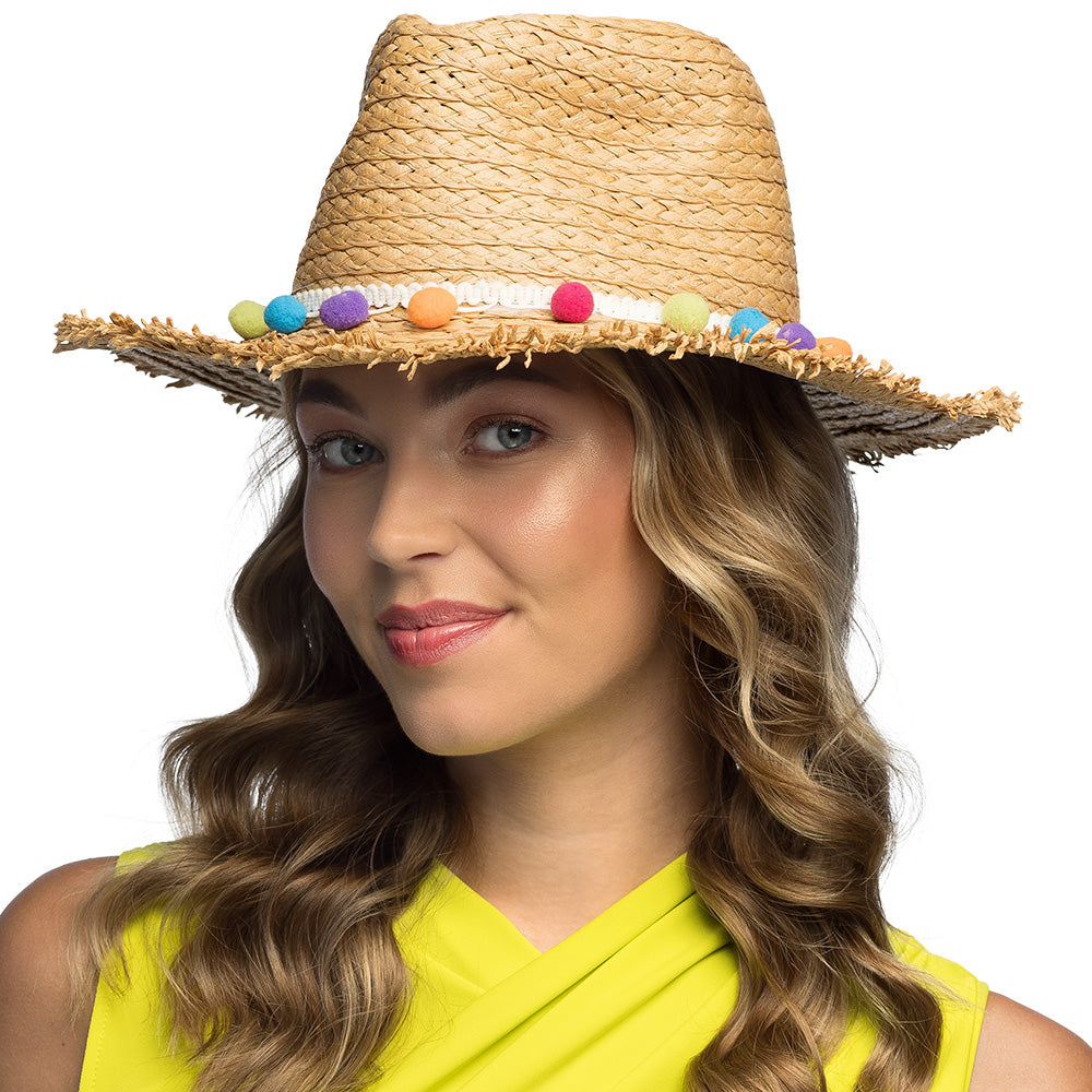 Chapeau de Paille Coloré avec Pompons - Accessoire Fête Déguisement
