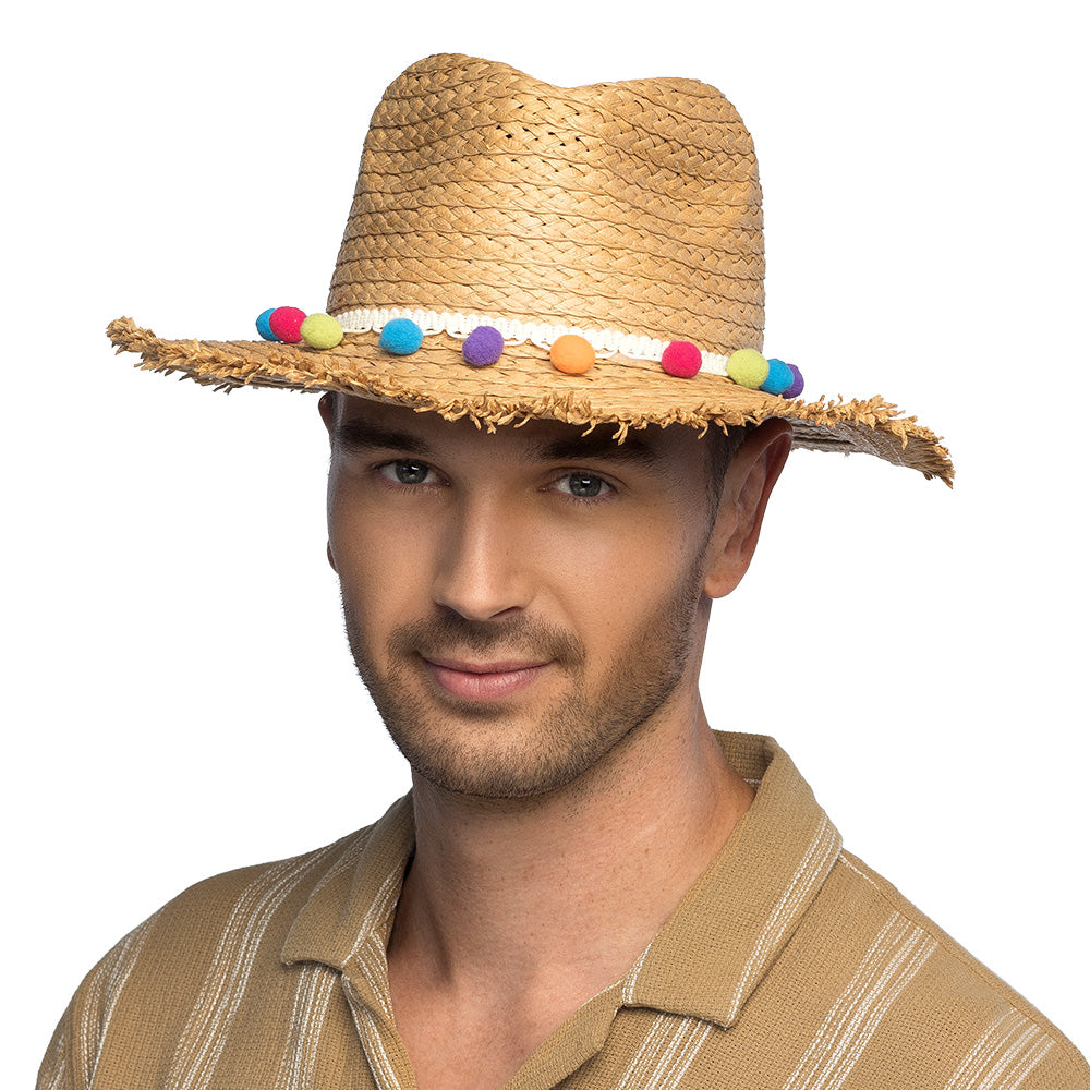 Chapeau de Paille Coloré avec Pompons - Accessoire Fête Déguisement