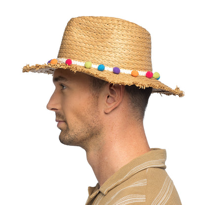 Chapeau de Paille Coloré avec Pompons - Accessoire Fête Déguisement