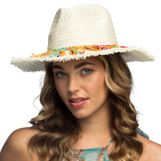 Chapeau Cowboy Blanc Paille - Bord Frangé Multicolore 59cm