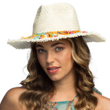 Chapeau Cowboy Blanc Paille - Bord Frangé Multicolore 59cm